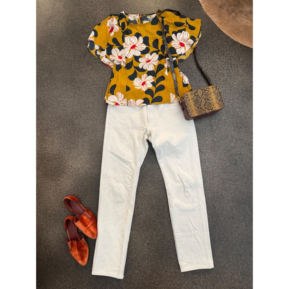 Eva Franco X Anthropologie Mustard Yellow Floral Ruffle Sleeve Blouse Womens 6